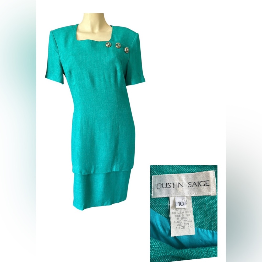 Vintage 80s/90s Dustin Saige Dress Women Size 10 Teal Cool Buttons Short Sleeve